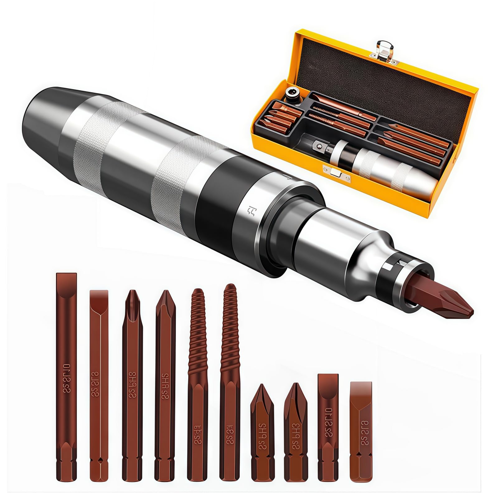 QZQUFJ hammer impact screwdriver set stored in rugged iron case for easy transport.