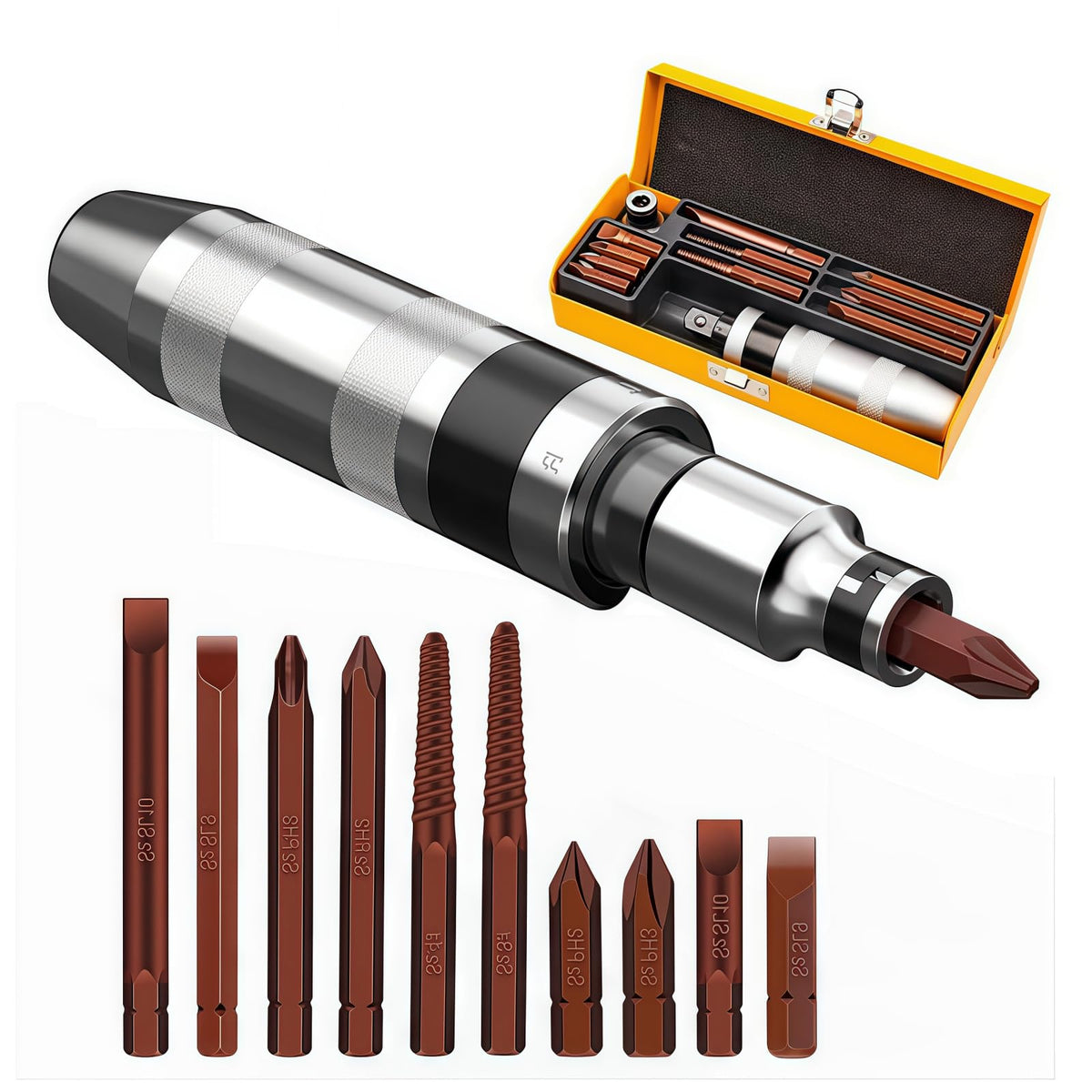 QZQUFJ hammer impact screwdriver set stored in rugged iron case for easy transport.