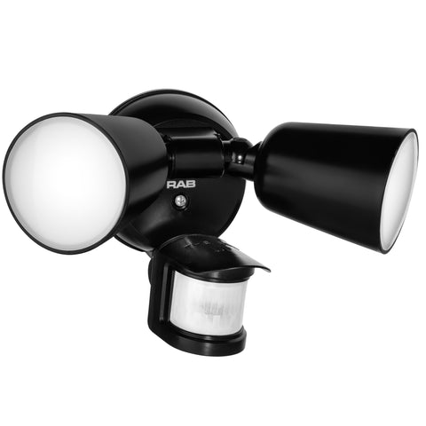 RAB Lighting LU160 dual-head flood light illuminating entryways with broad beams