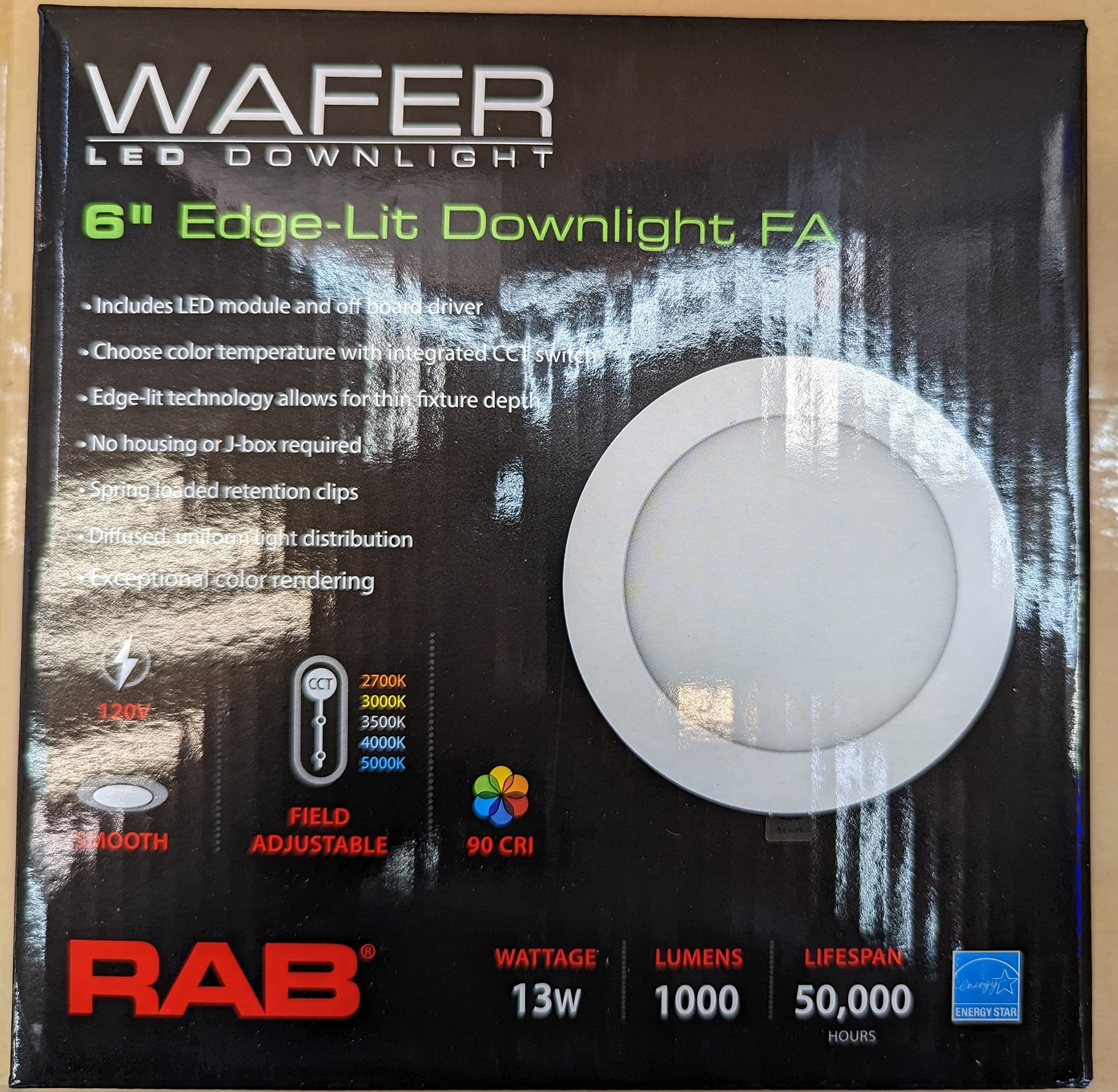 RAB Lighting WFRL edge-lit downlight with black trim for a discreet, modern ceiling look.