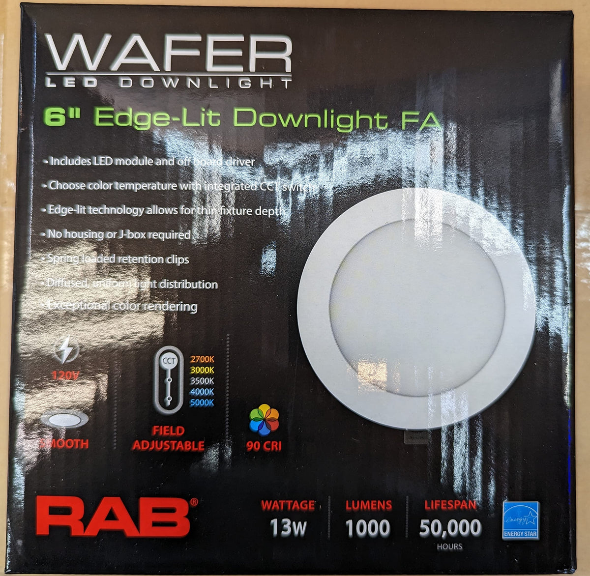 RAB Lighting WFRL edge-lit downlight with black trim for a discreet, modern ceiling look.