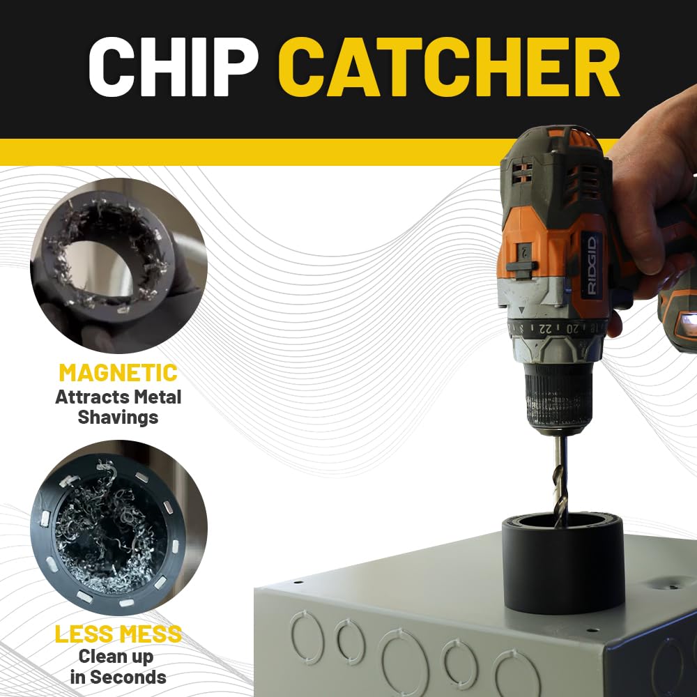 Rack-A-Tiers Chip Catcher shows shavings dropping into the container for easy disposal.