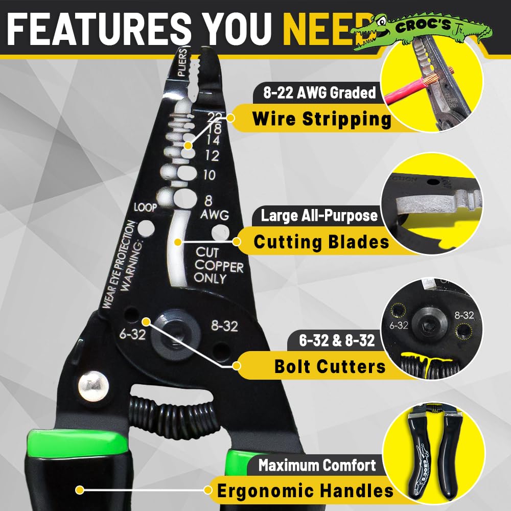 Rack-A-Tiers Croc's Jr. all-in-one tool combines stripper, cutter, and pliers.