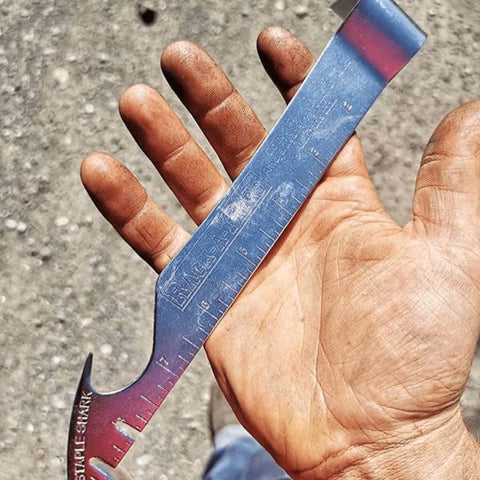 Rack-A-Tiers Staple Shark doubles as a pry bar and quick ruler on the job
