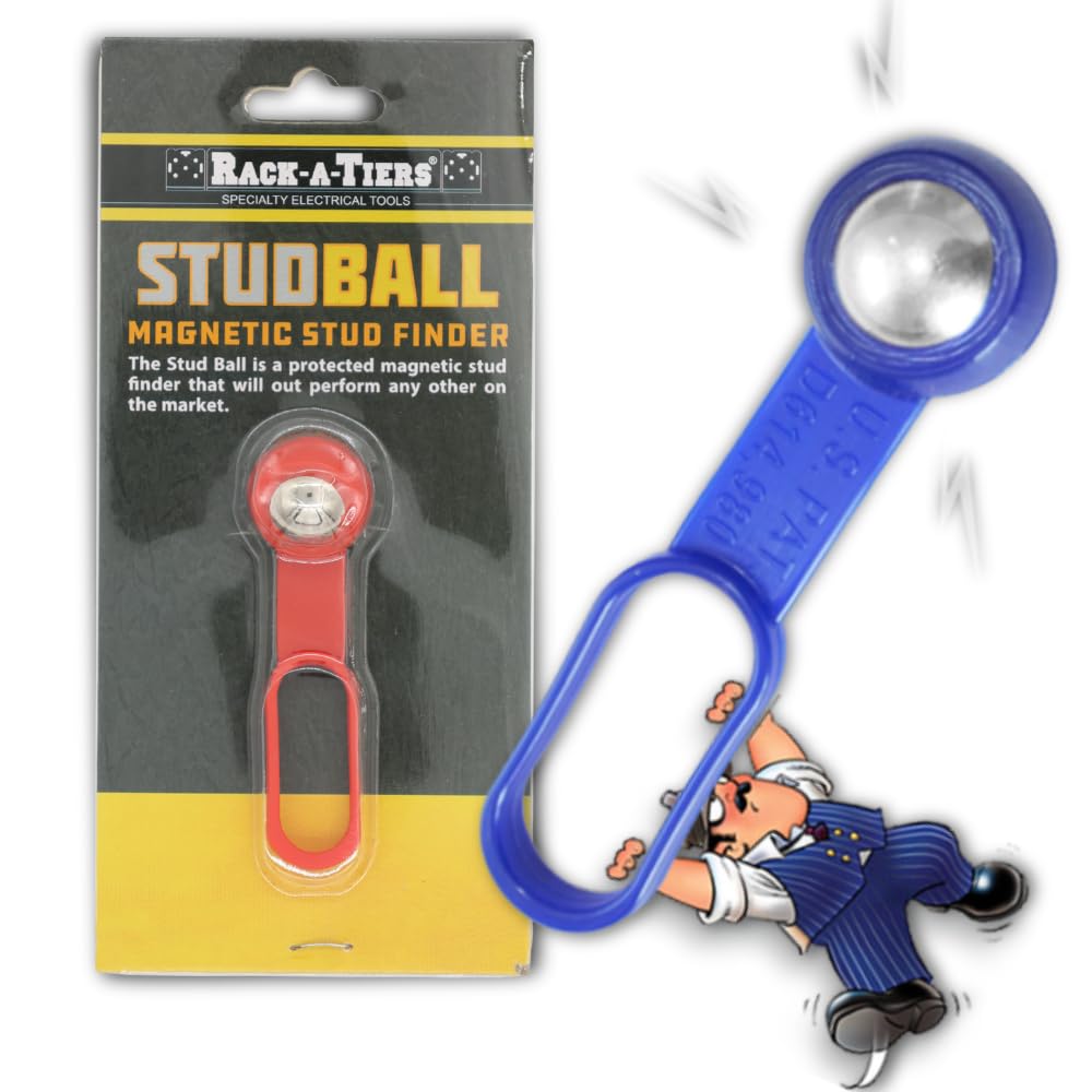Rack-A-Tiers Stud Ball demonstrates magnetic detection through walls for quick stud locating