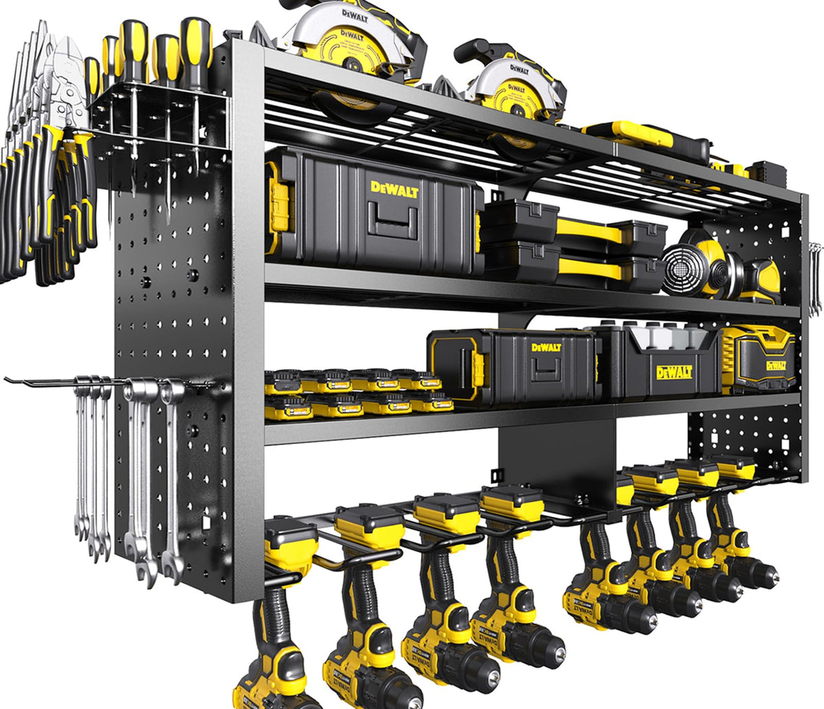 RacKeaLsi large power tool organizer wall mount with four tiers for garage use