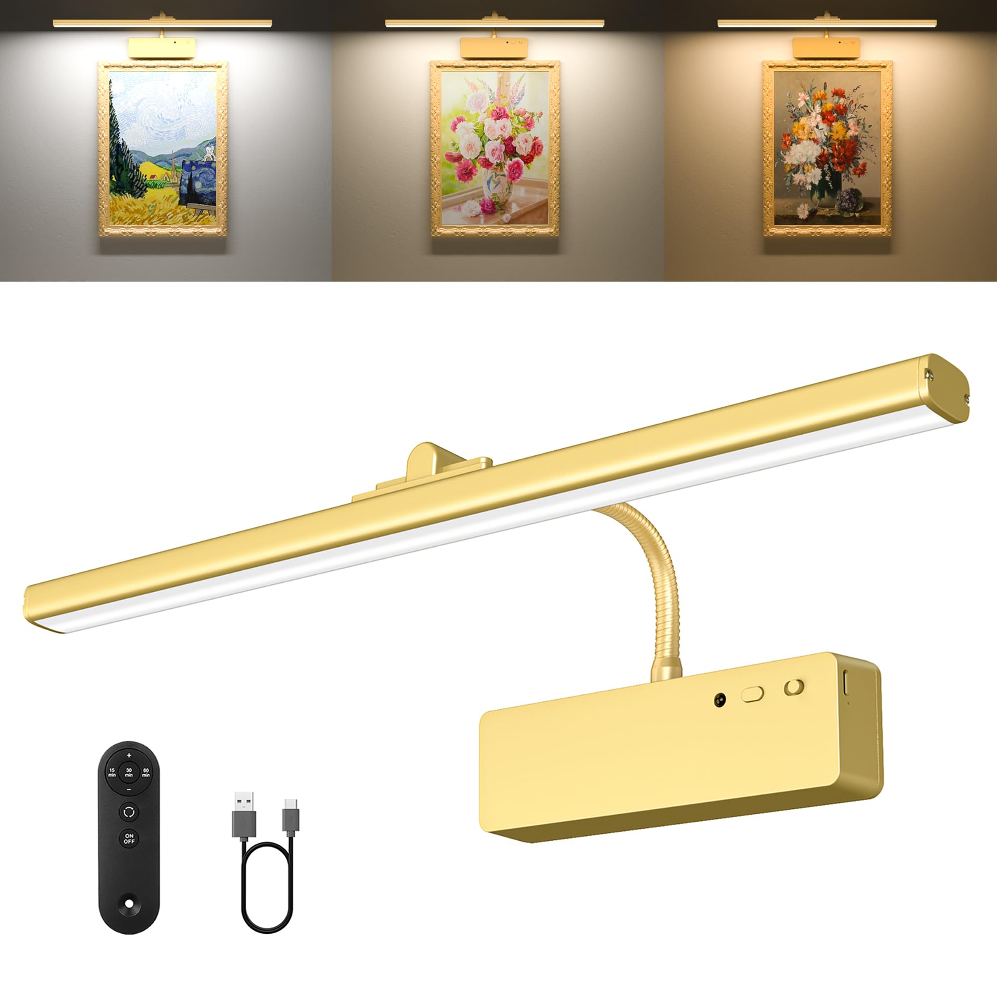 Racokky picture light 15.35 inch gold front view with adjustable color temperature