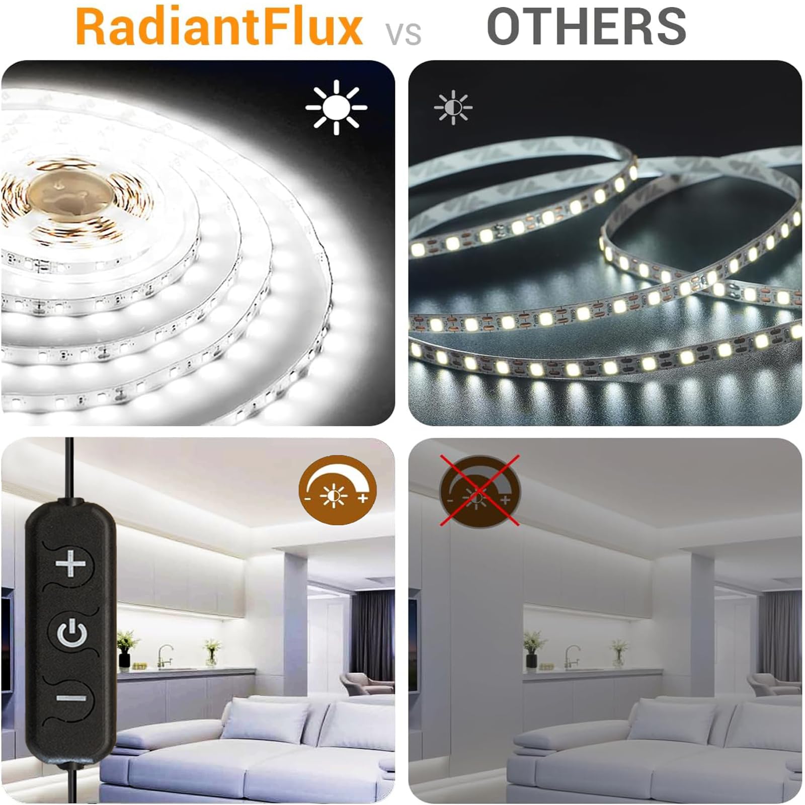 RadiantFlux dimmable LED strip with adjustable brightness for tasks and ambiance.