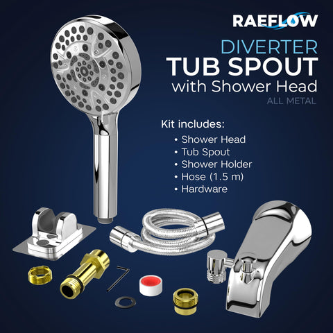 RAEFlow chrome tub faucet with sprayer, side view showing sleek profile