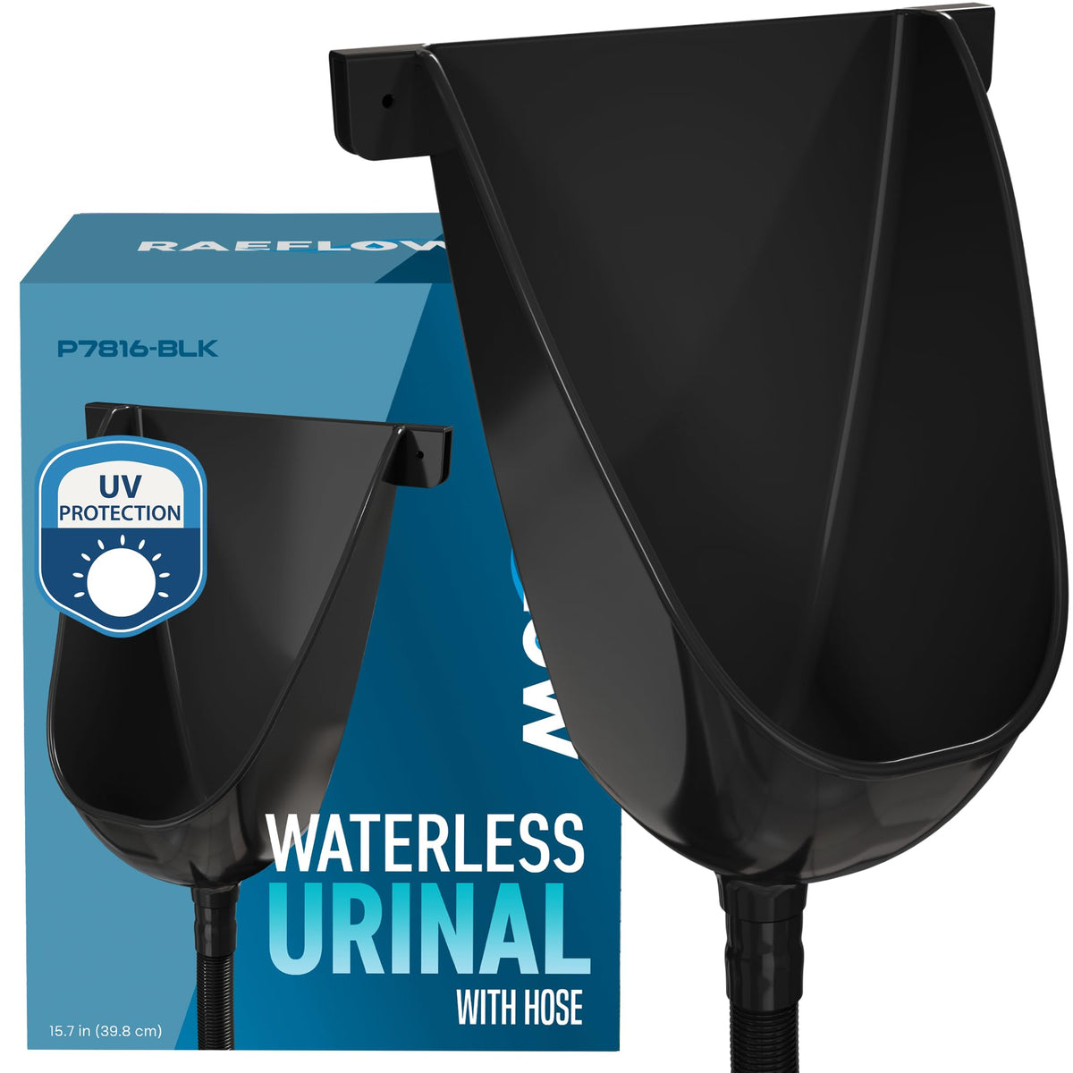 RAEFLOW waterless urinal in black, front view for outdoor setup and water-saving use.
