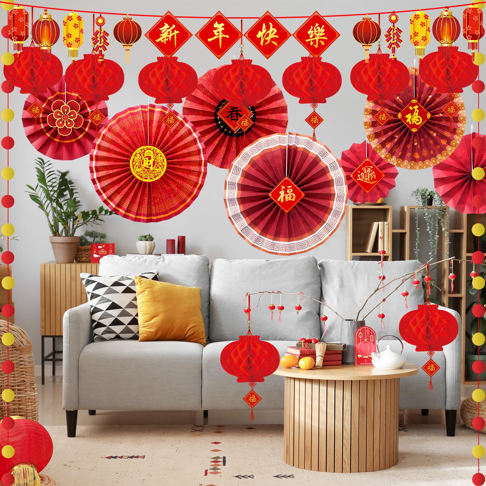 Ragnhild Chinese New Year decorations coordinate color and theme across space.