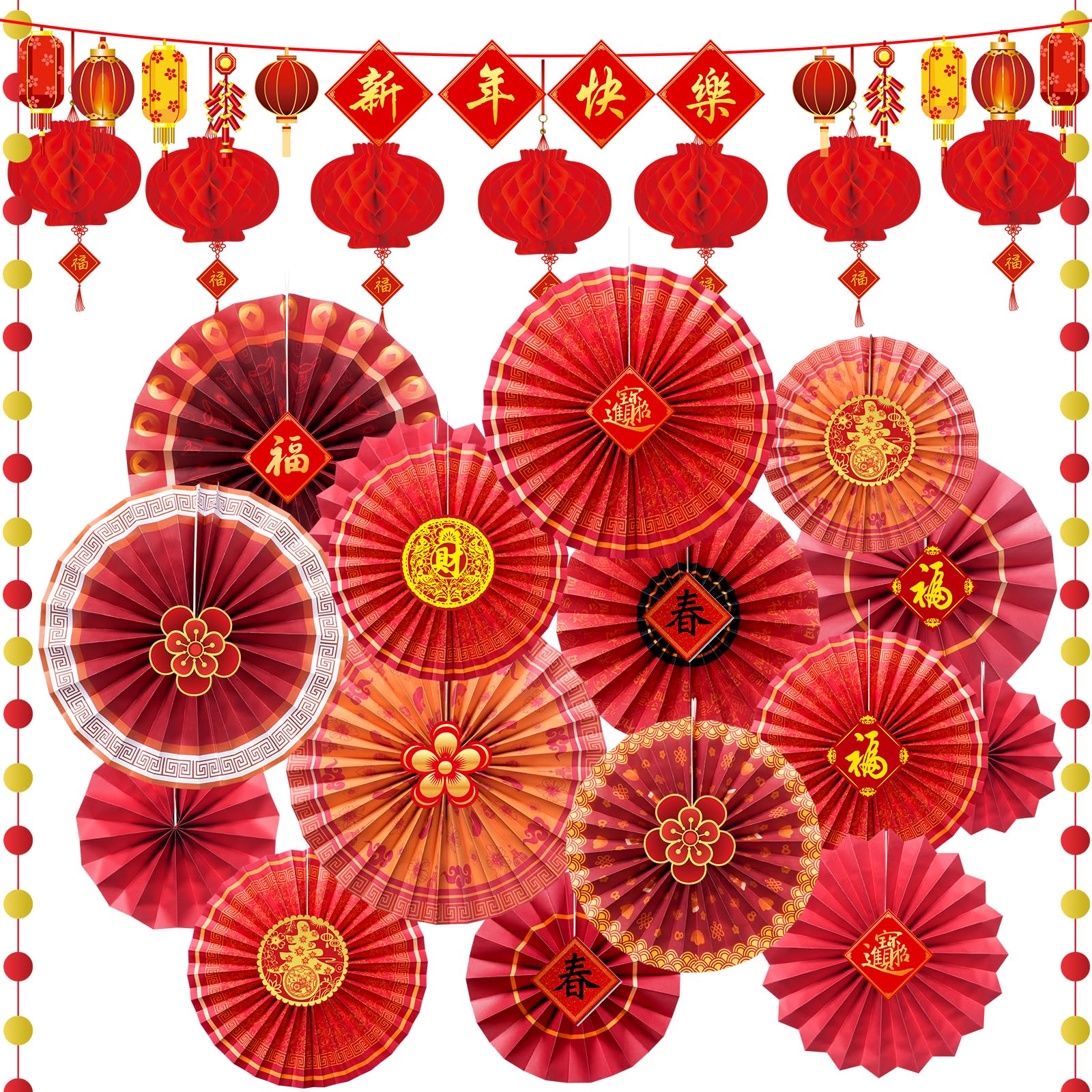 Ragnhild Chinese New Year paper fans in eight designs brighten indoor celebrations.