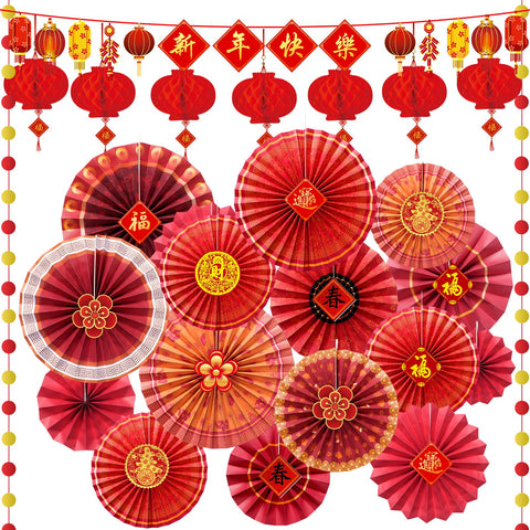 Ragnhild Chinese New Year paper fans in eight designs brighten indoor celebrations.