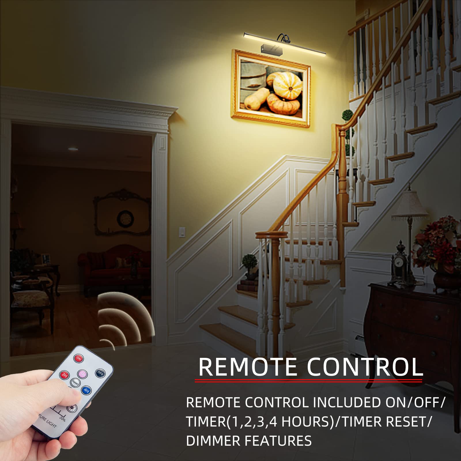 RAIFOOLLY picture light remote control for easy brightness and timer adjustments.