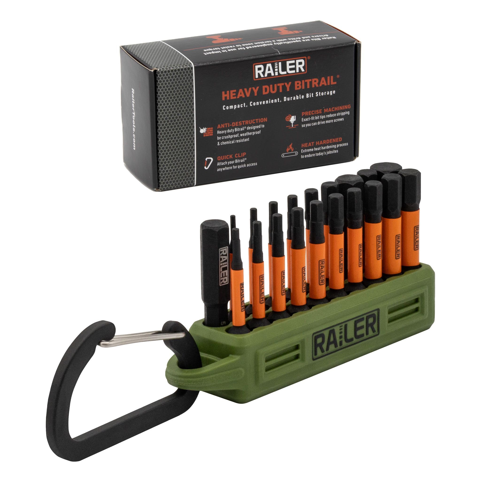 Railer 20pc hex bit set with bitrail storage for quick access during furniture projects