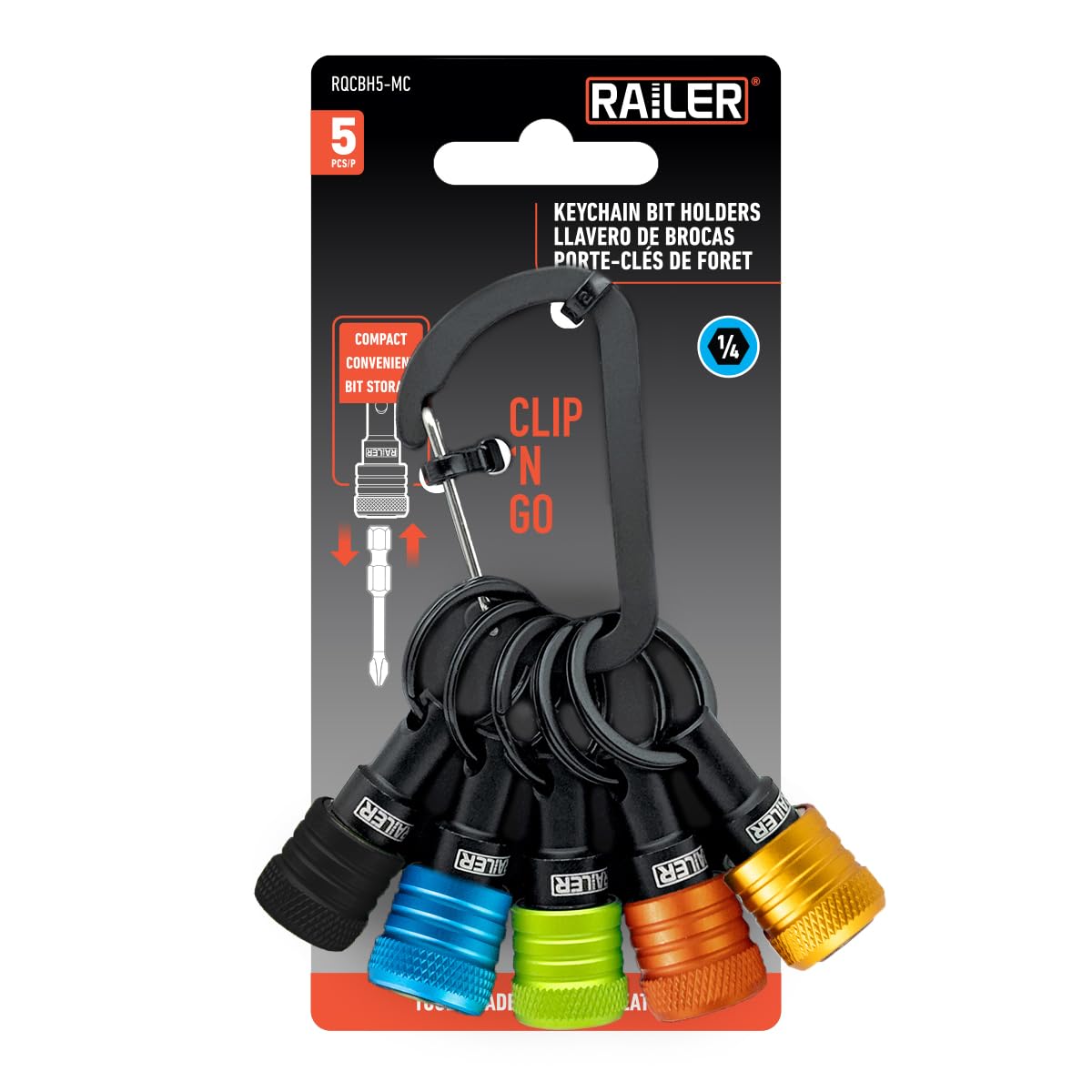 Railer bit holder keychain 5pc overview showing organized bits for quick access.