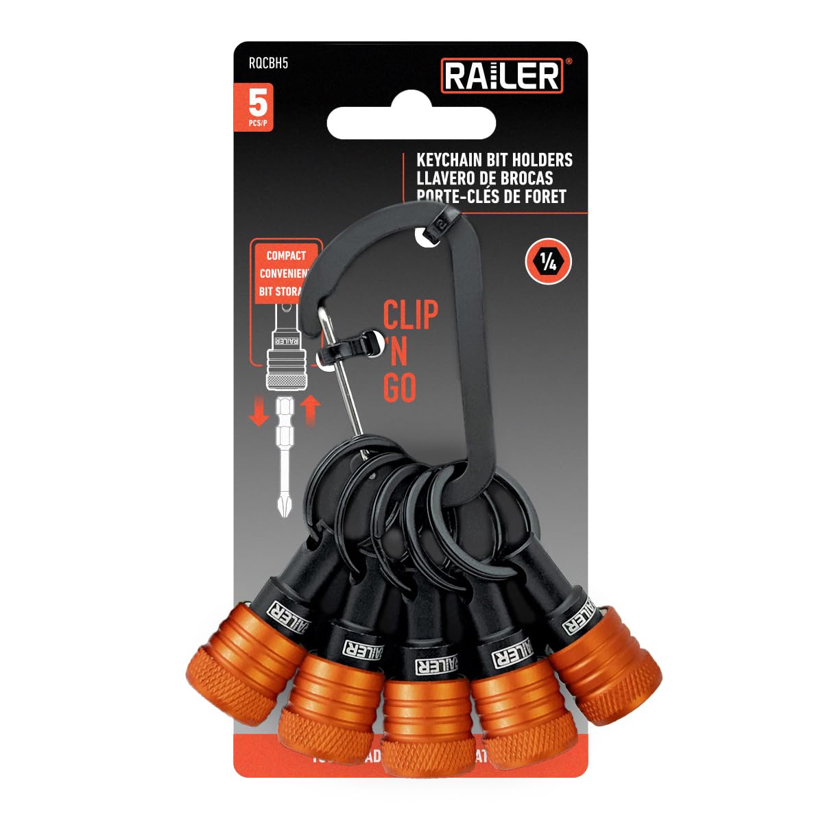 Railer bit holder keychain with quick-release design keeps five bits accessible