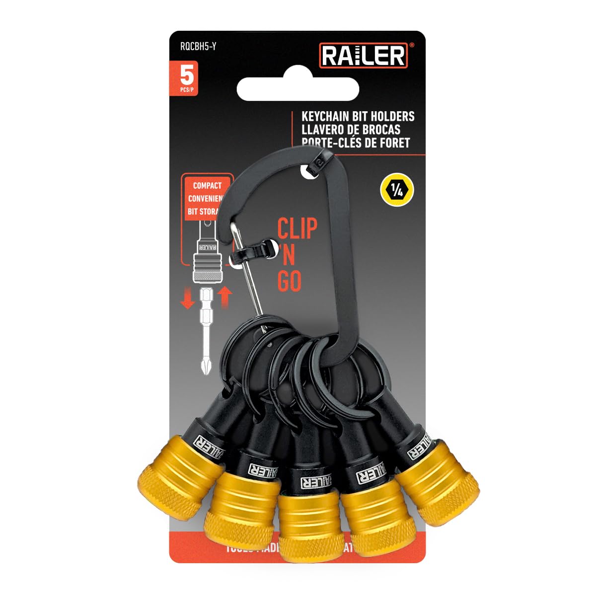 Railer Bit Holder Keychain 5pc with quick-release keeps essentials accessible.