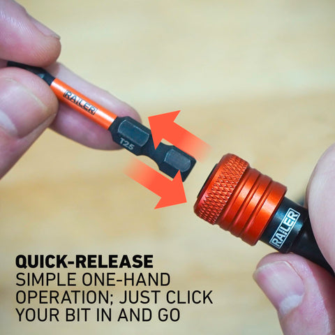 Railer bit holder with carabiner attached for secure belt or tool bag.