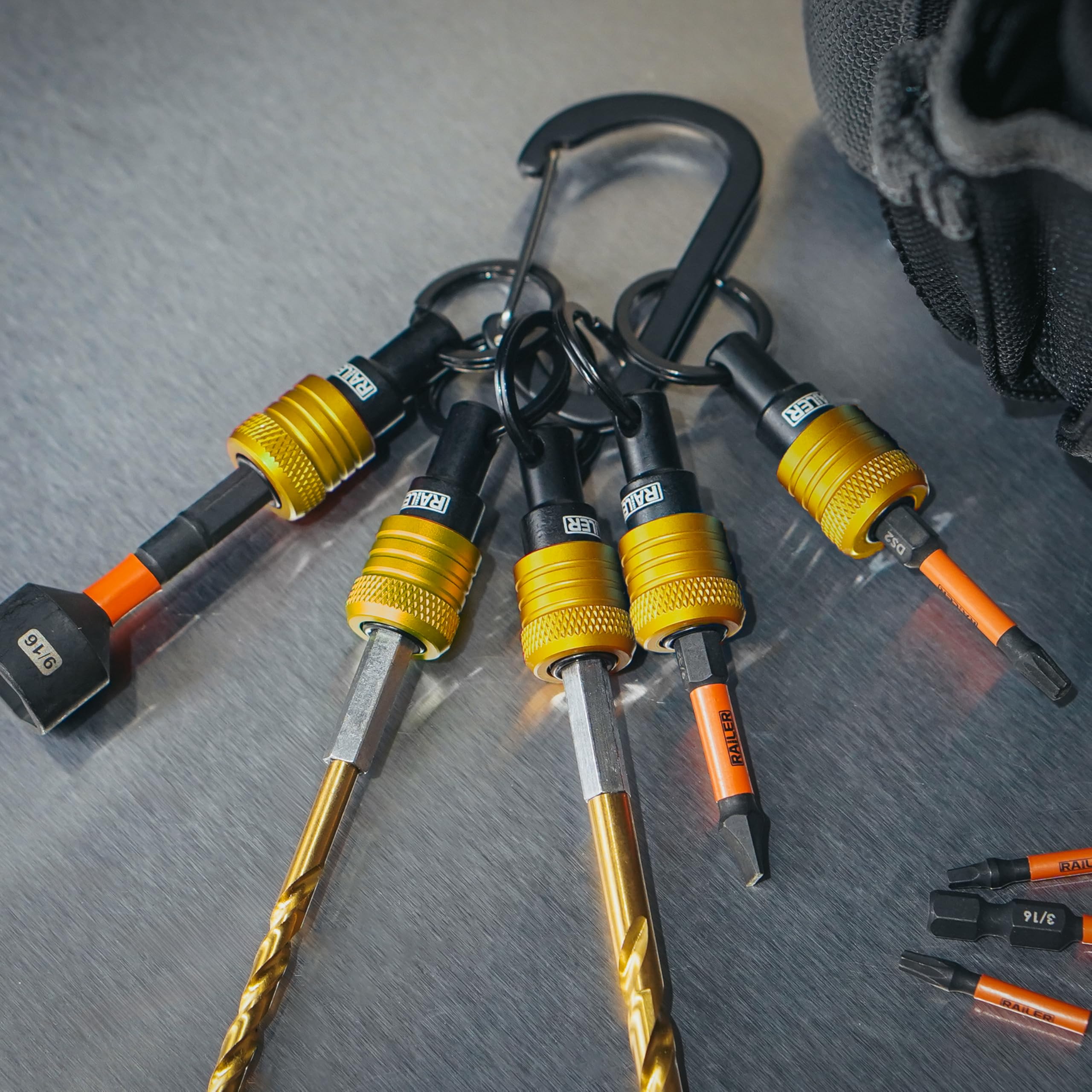 Railer Bit Holder organizer on a work desk setup for easy access.