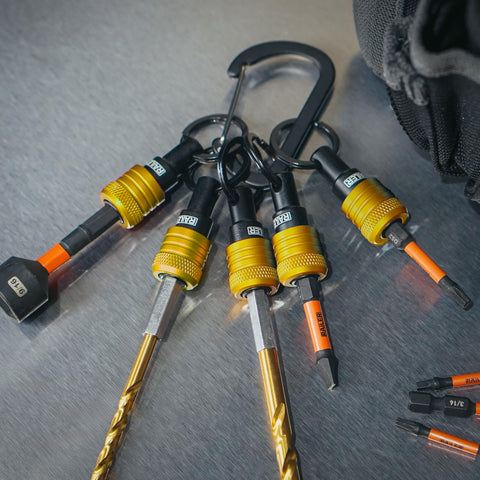 Railer Bit Holder organizer on a work desk setup for easy access.