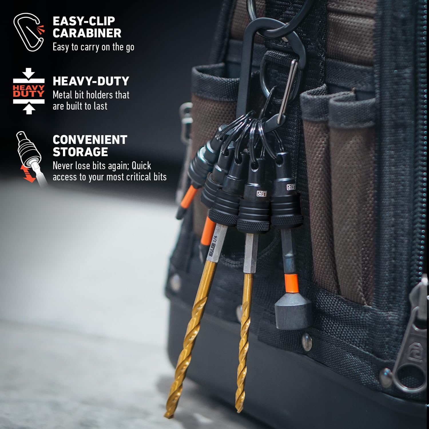 Railer carabiner clip bit holder plus compact design for easy carry.