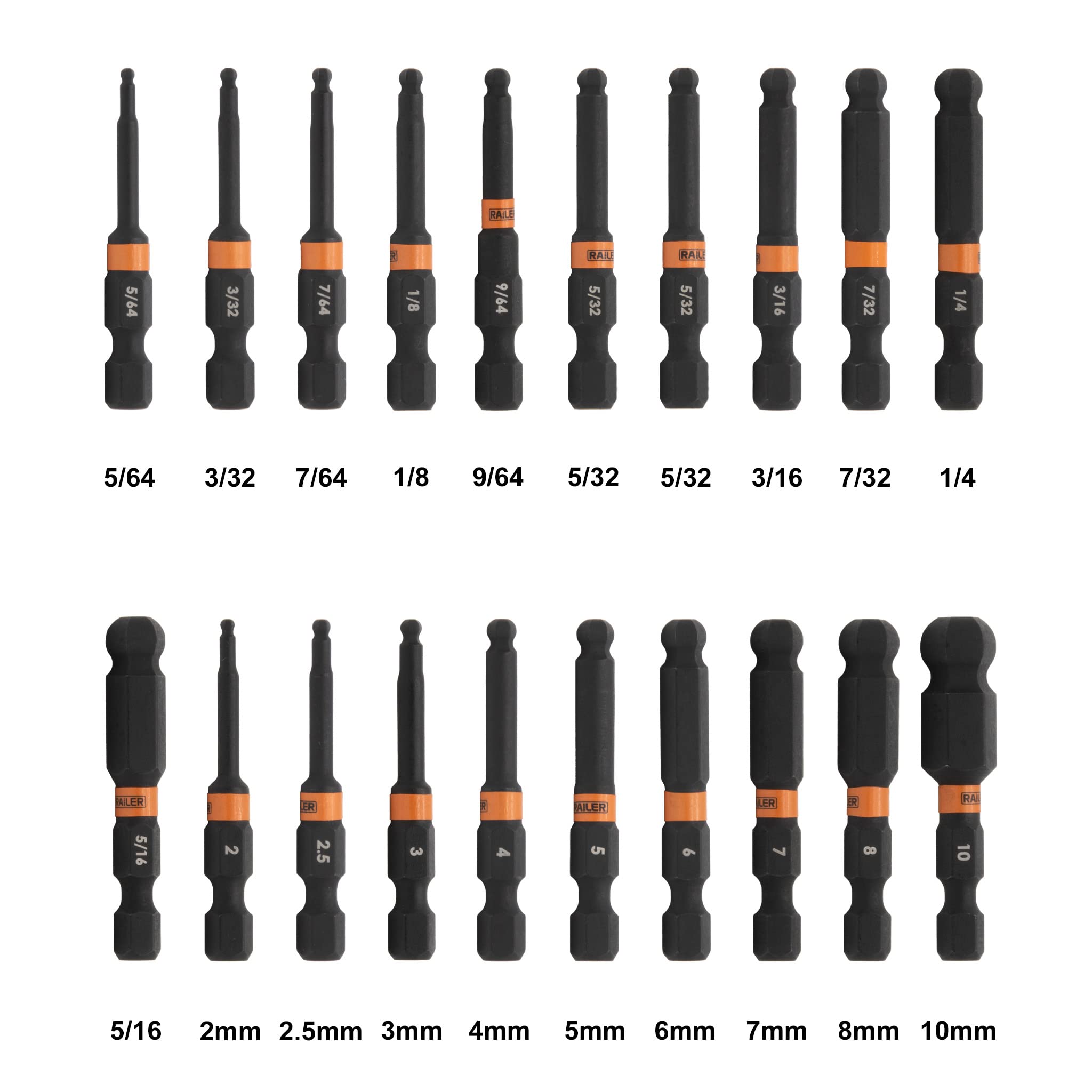 Railer hex bit sizes spread for quick screw type matching