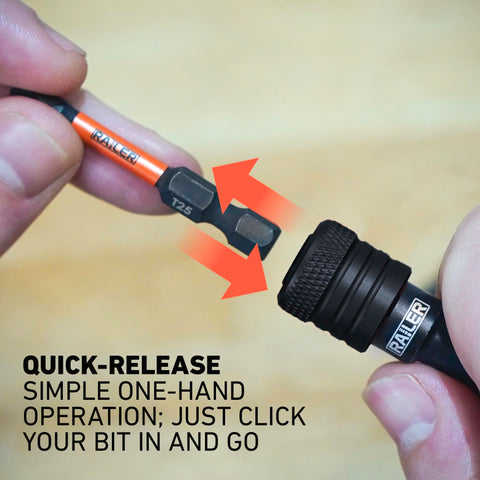 Railer nut driver bit holder keeps specialty bits secure.