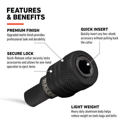 Railer quarter-inch hex shank bit holder compatible with most drivers.