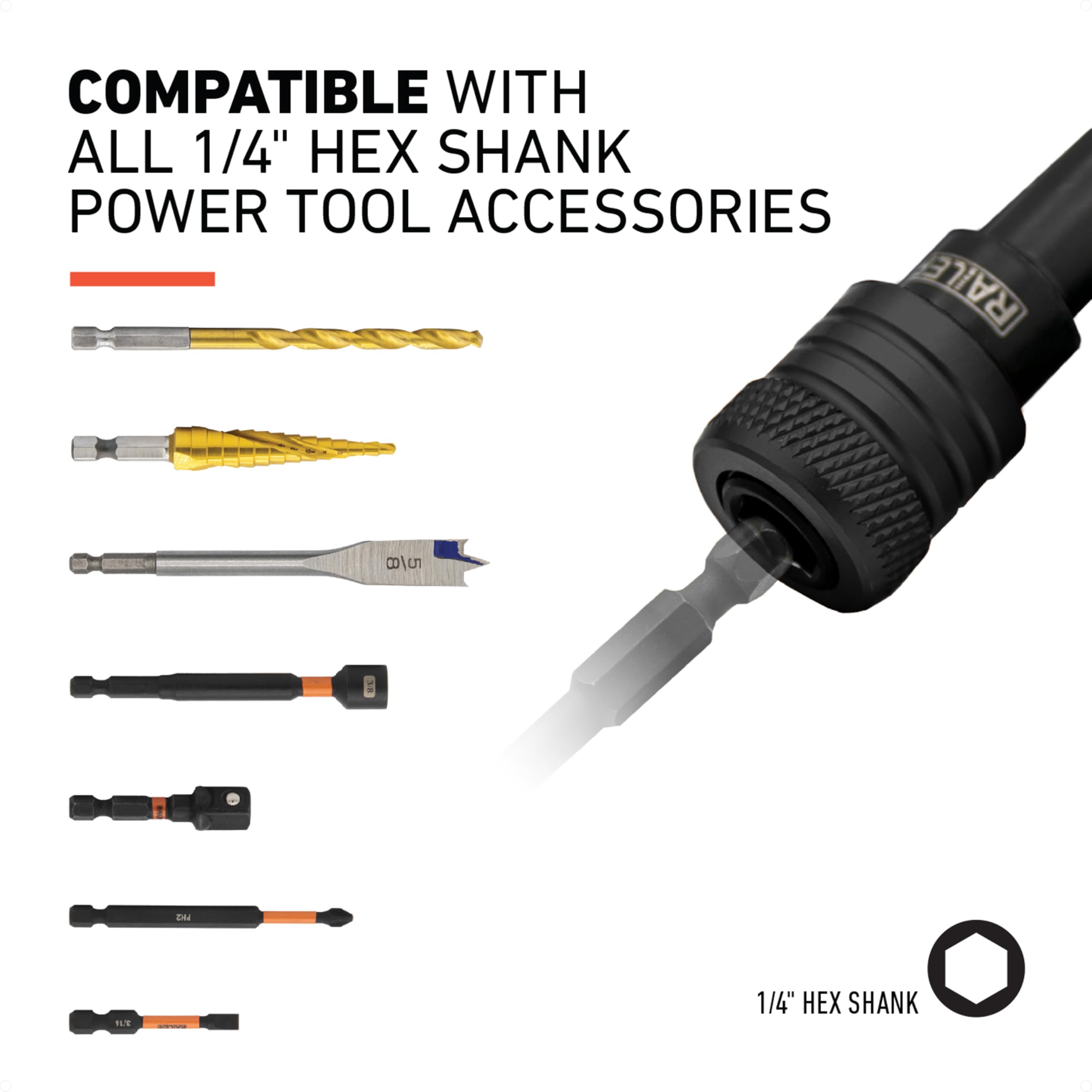 Railer quick-release bit holder for fast access to common bits.