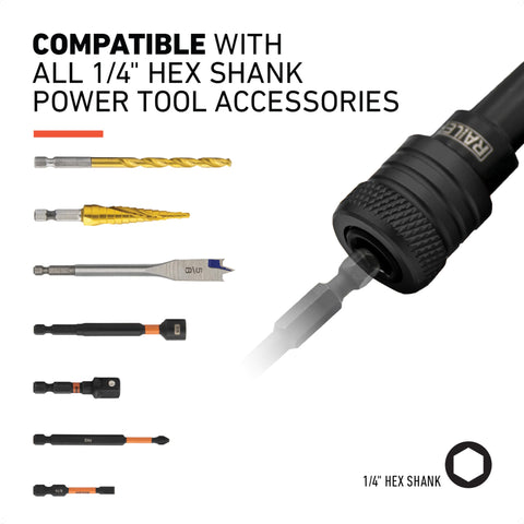 Railer quick-release bit holder for fast access to common bits.