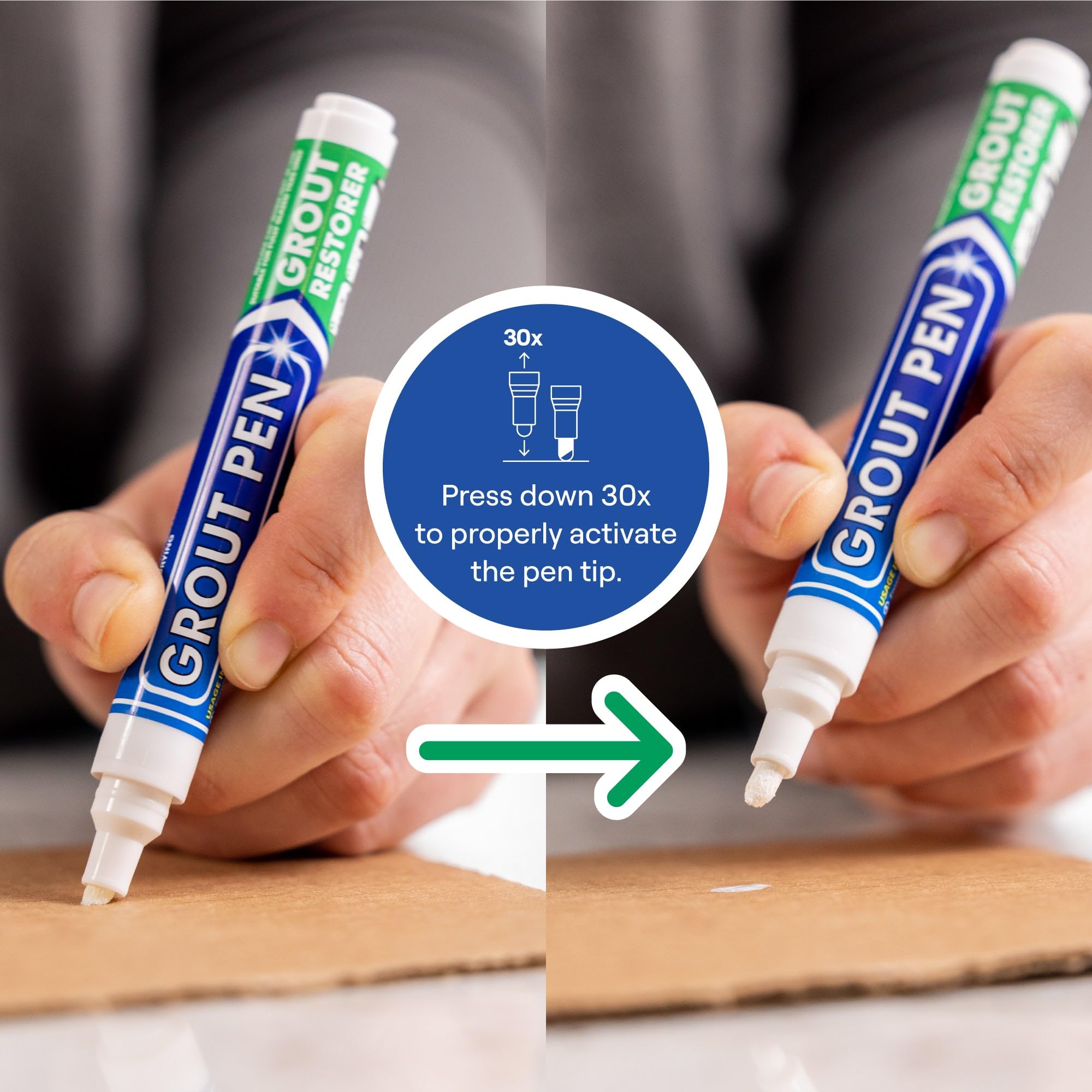 Rainbow Chalk Markers Limited grout pen before and after restoration on bathroom tiles.