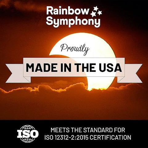Rainbow Symphony eclipse glasses featuring CE ISO certification and protective lenses.