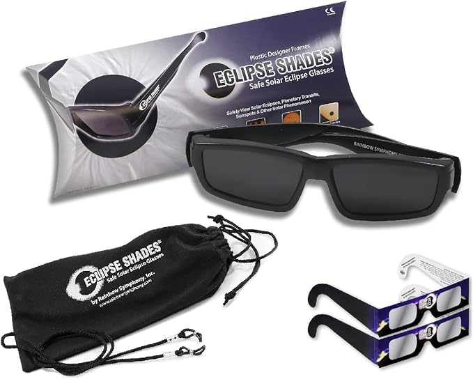 Rainbow Symphony solar eclipse glasses with folding arms for comfortable wear and easy storage.