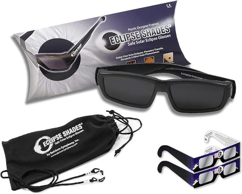 Rainbow Symphony solar eclipse glasses with folding arms for comfortable wear and easy storage.