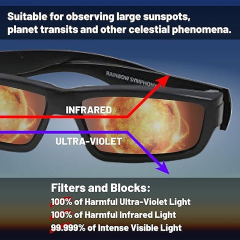 Rainbow Symphony eclipse glasses filter UV, IR, and bright light for safe viewing.