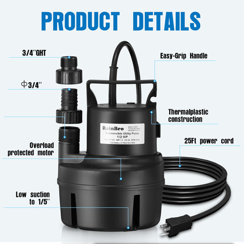 RainBro submersible pump with 1-in NPT discharge and adapters.