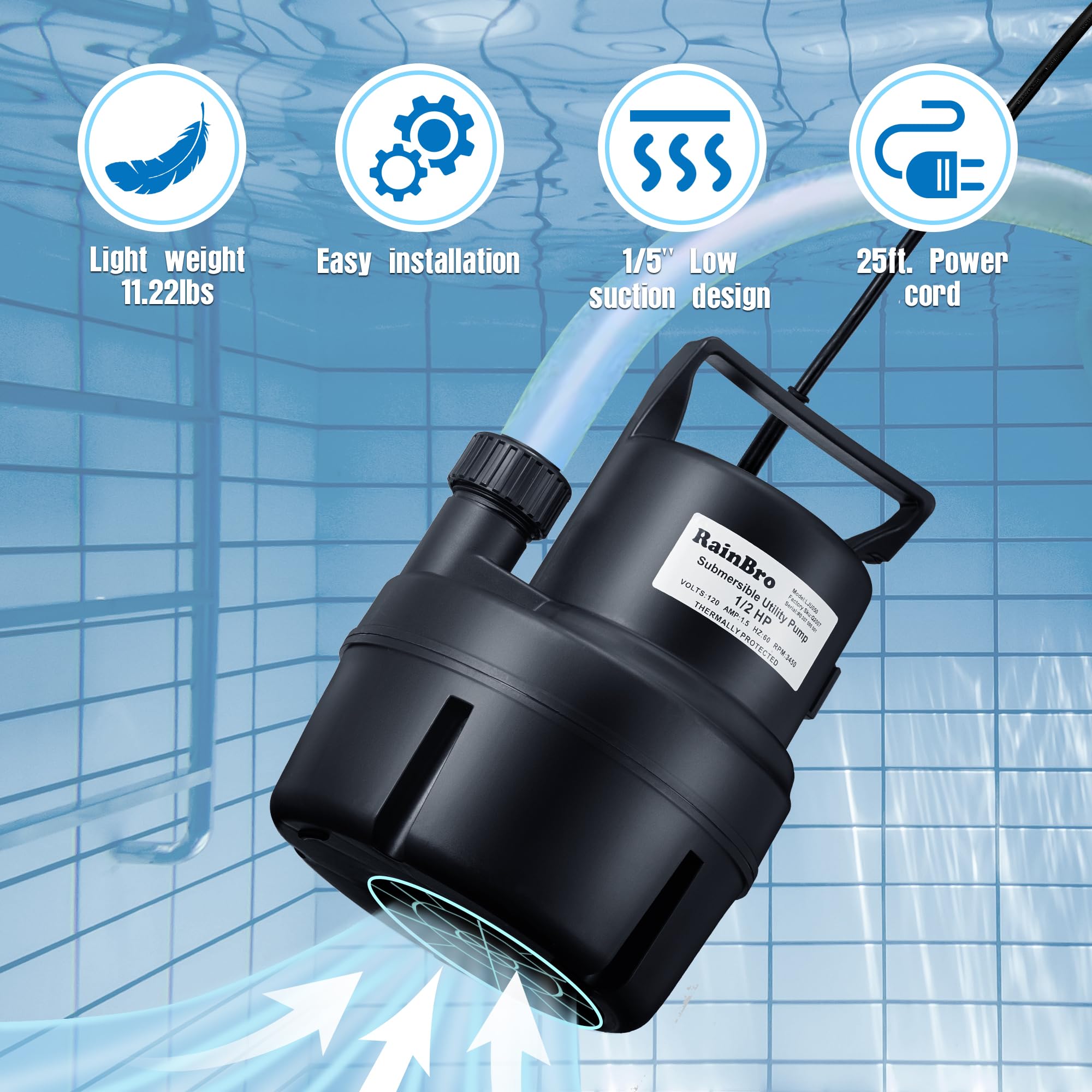 RainBro submersible sump pump 1000 GPH for fast removal from pools or ponds.