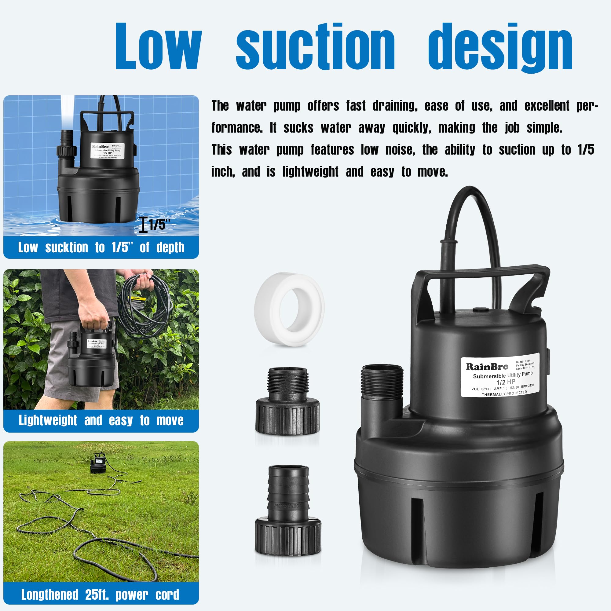 RainBro sump pump with 25 ft cord for flexible placement.