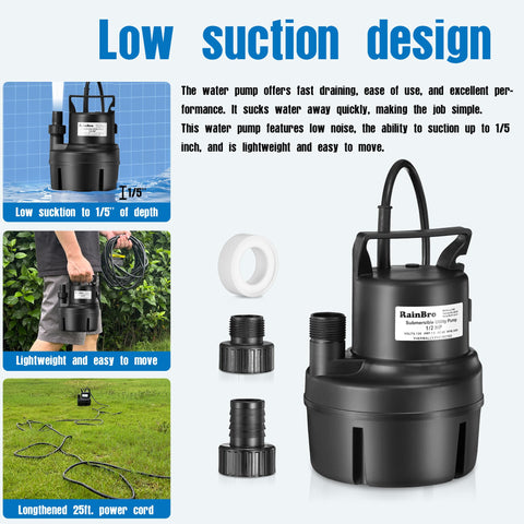 RainBro sump pump with 25 ft cord for flexible placement.