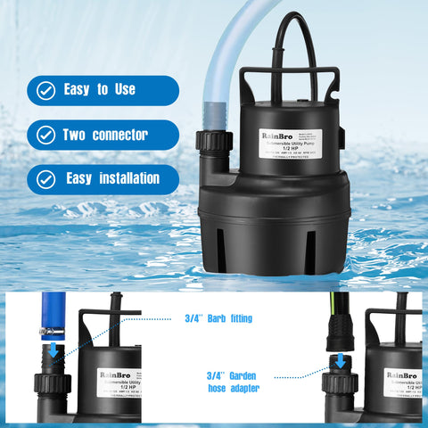 RainBro submersible pump with detachable suction filter for easy cleaning.