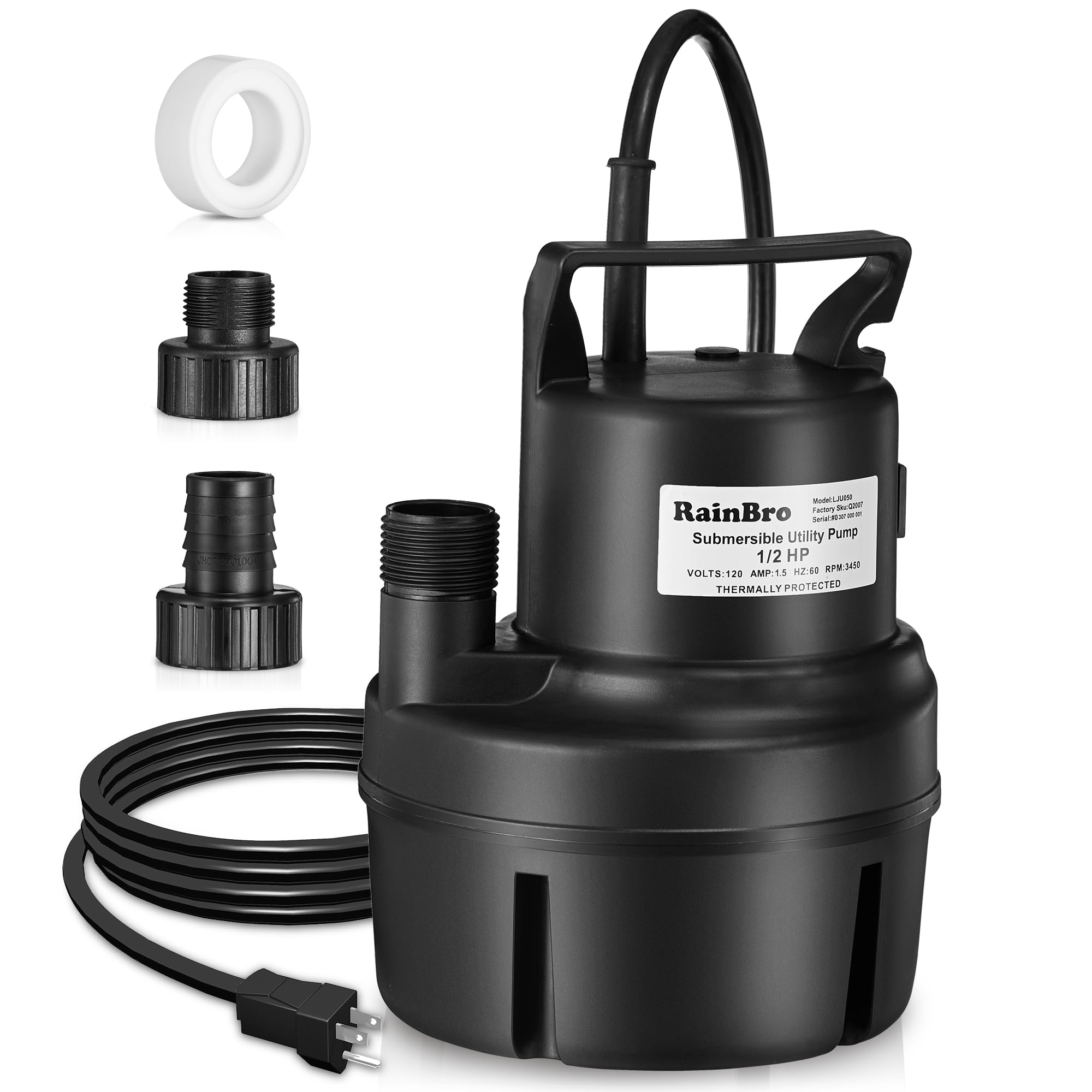 RainBro submersible sump pump with half-hp motor for reliable basement drainage.