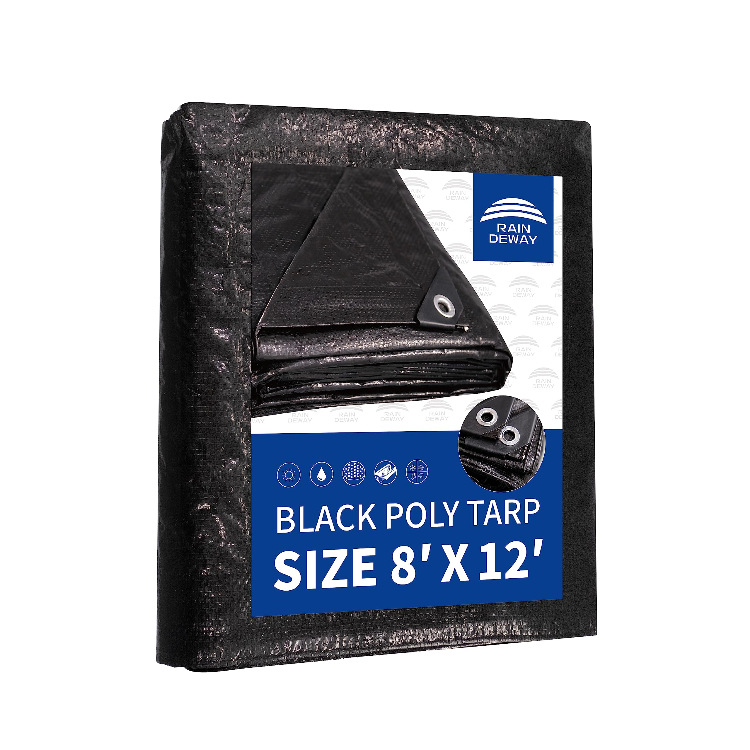 RAINDEWAY black tarp 8x12 cover showing wide outdoor protection from rain and debris