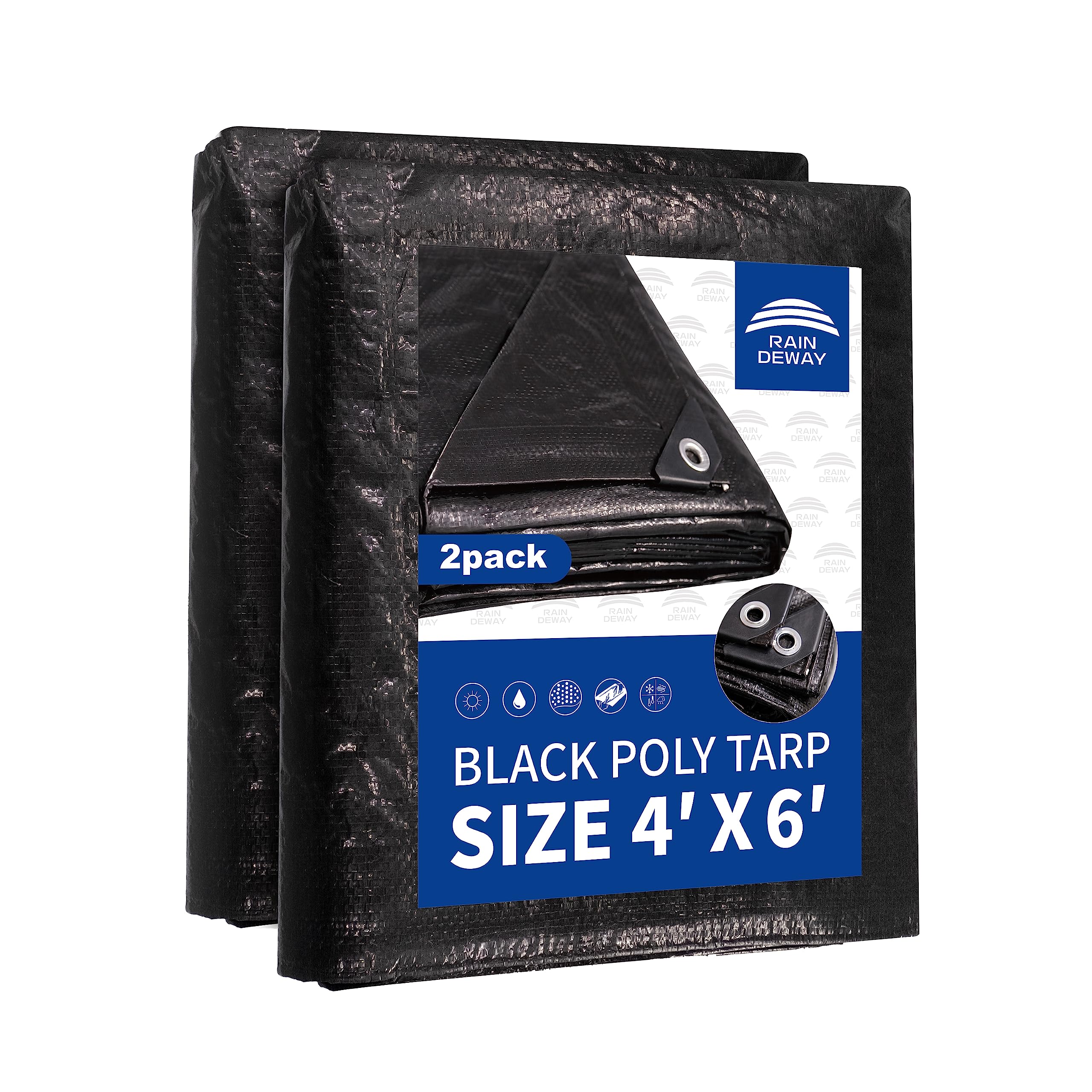 RAINDEWAY small black tarp 4x6 pack ready for outdoor shelter and ground cover.