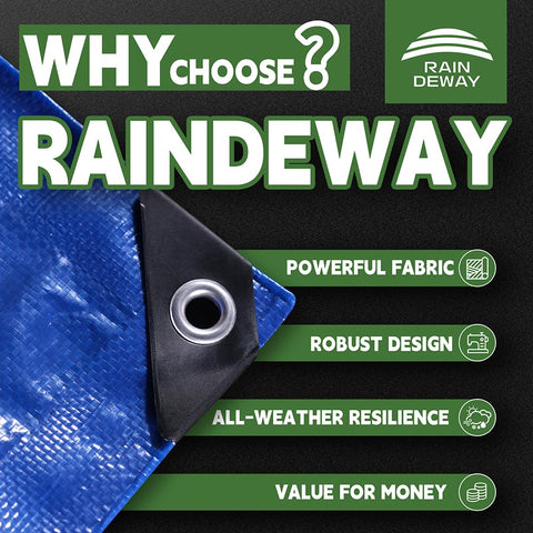 RAINDEWAY tarp shows grommets and reinforced edges for secure anchoring