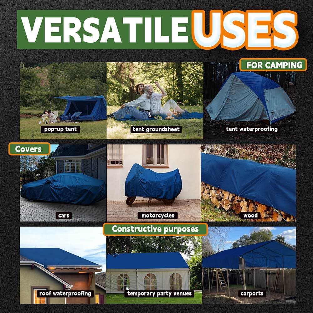 RAINDEWAY blue tarp ready for covering roofs, vehicles, and tents