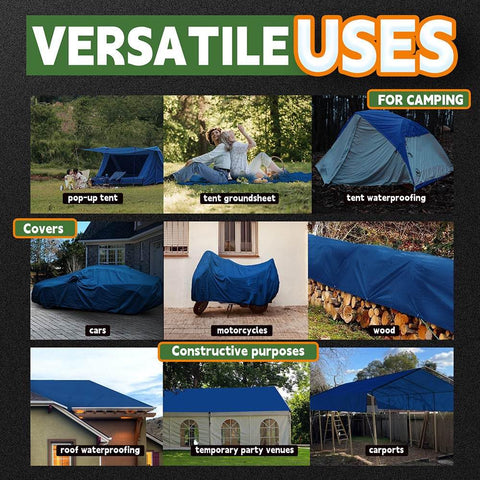 RAINDEWAY blue tarp ready for covering roofs, vehicles, and tents