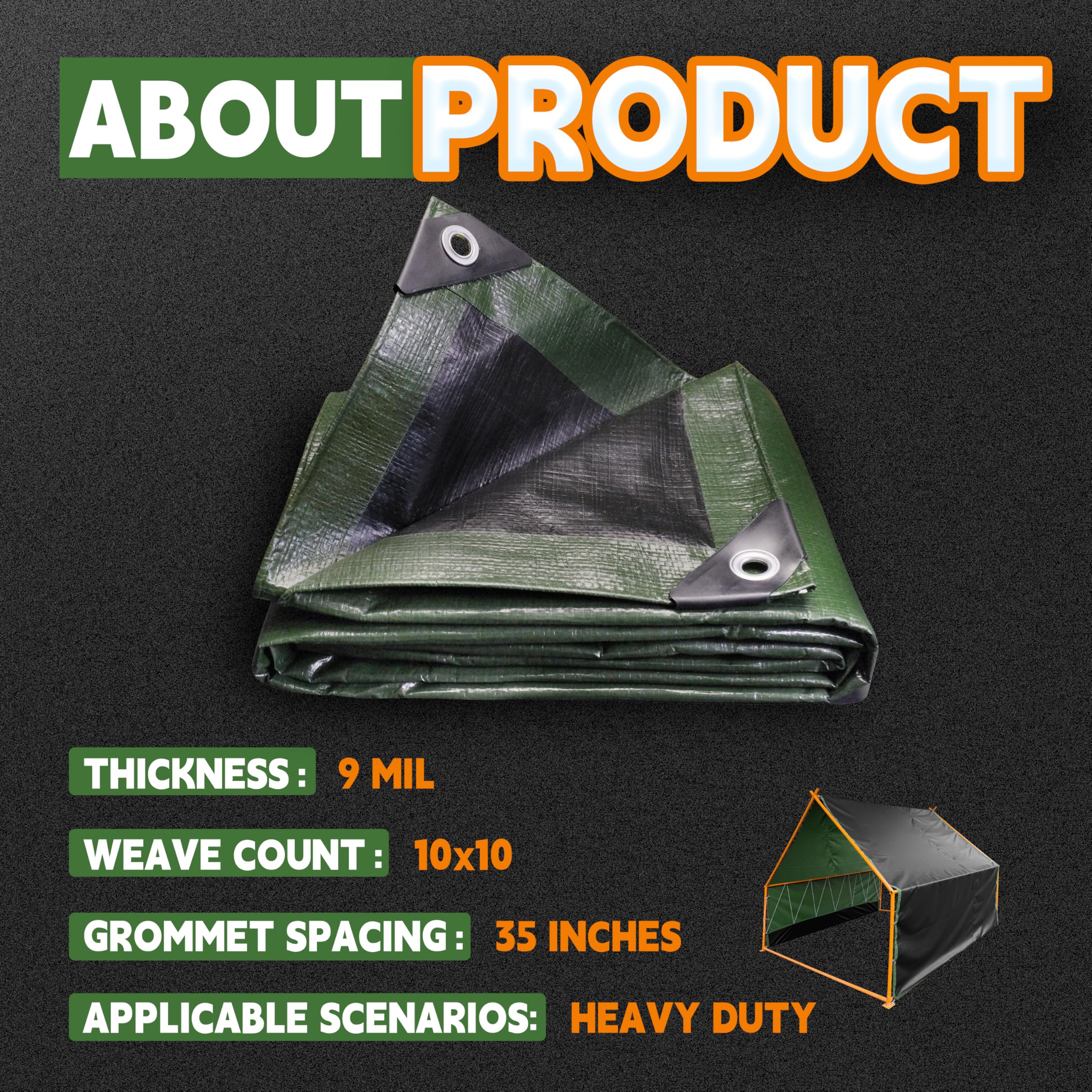 RAINDEWAY tarp in green and black guards gear against dirt and moisture.