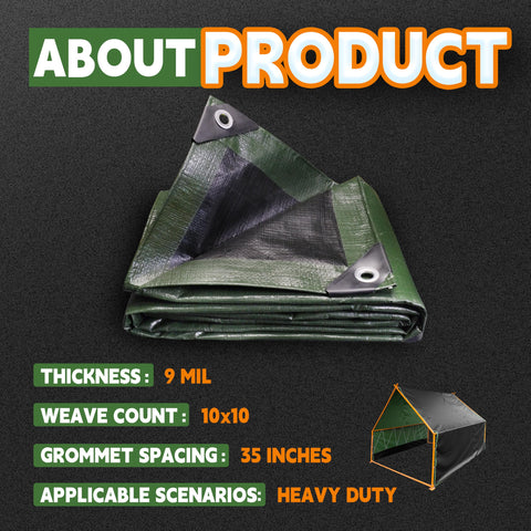RAINDEWAY tarp in green and black guards gear against dirt and moisture.