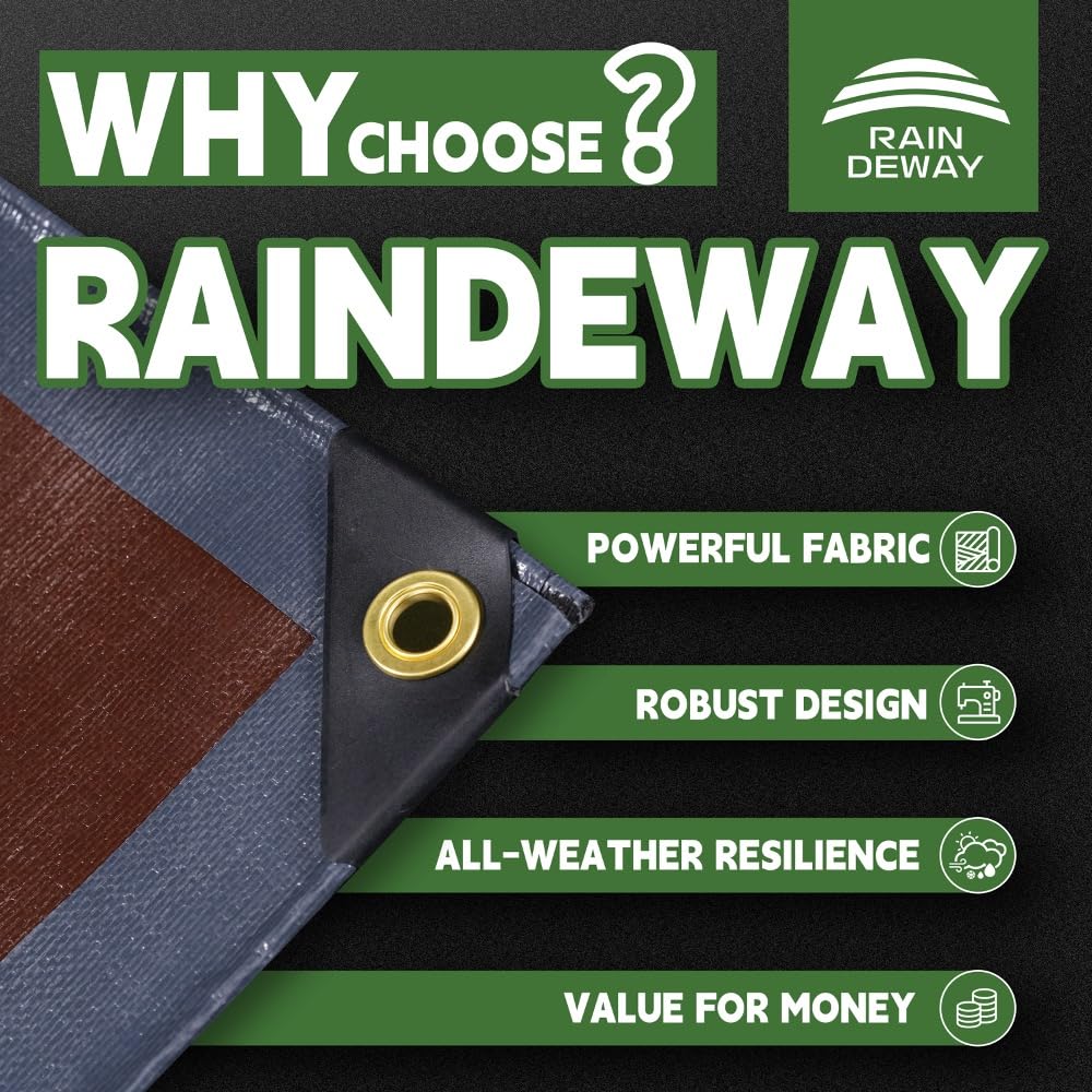 RAINDEWAY tarp with metal grommets and reinforced edges for secure fastenings.